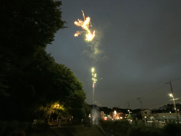 平瀬川沿いの平4丁目公園で打ち上げられた花火